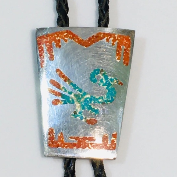 Vintage Sterling Navajo Bennett Road Runner Bolo Tie Turquoise & Red Coral Chip - Picture 3 of 11